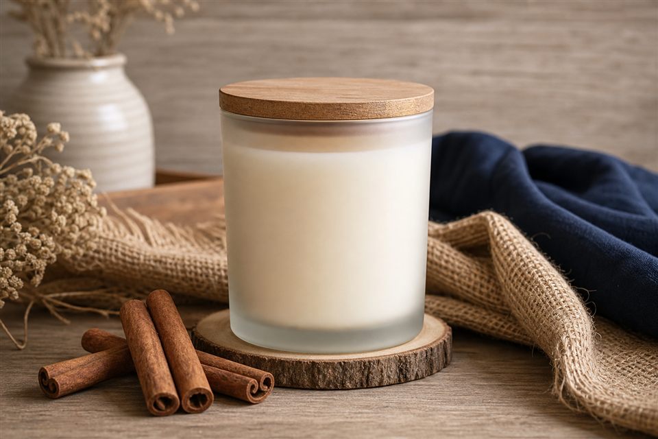 Cozy candle styled with burlap and cinnamon
